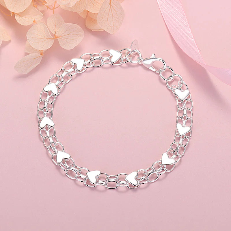 925 Silver Heart Bracelet Women Lady Wedding Party Jewelry