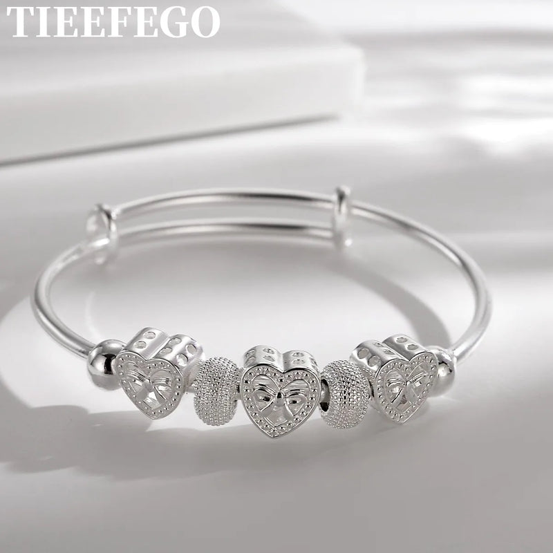 925 Silver Heart Bangles Lady Bracelets Wedding Charms