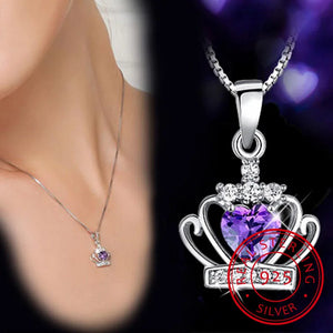 925 Silver Queen Princess Crown Heart Pendant Necklace