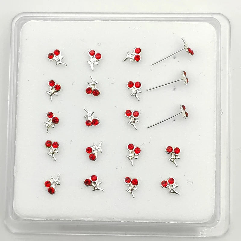 925 Silver Nose Stud with Cherry Gems Nose Piercing Body Jewelry 20pcs/pack