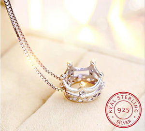 925 Silver Princess Crown Zircon Pendant Necklace for Women