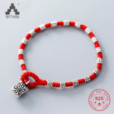 Sterling Silver Ethnic Red Flower Pendant Rope Bracelet Gift
