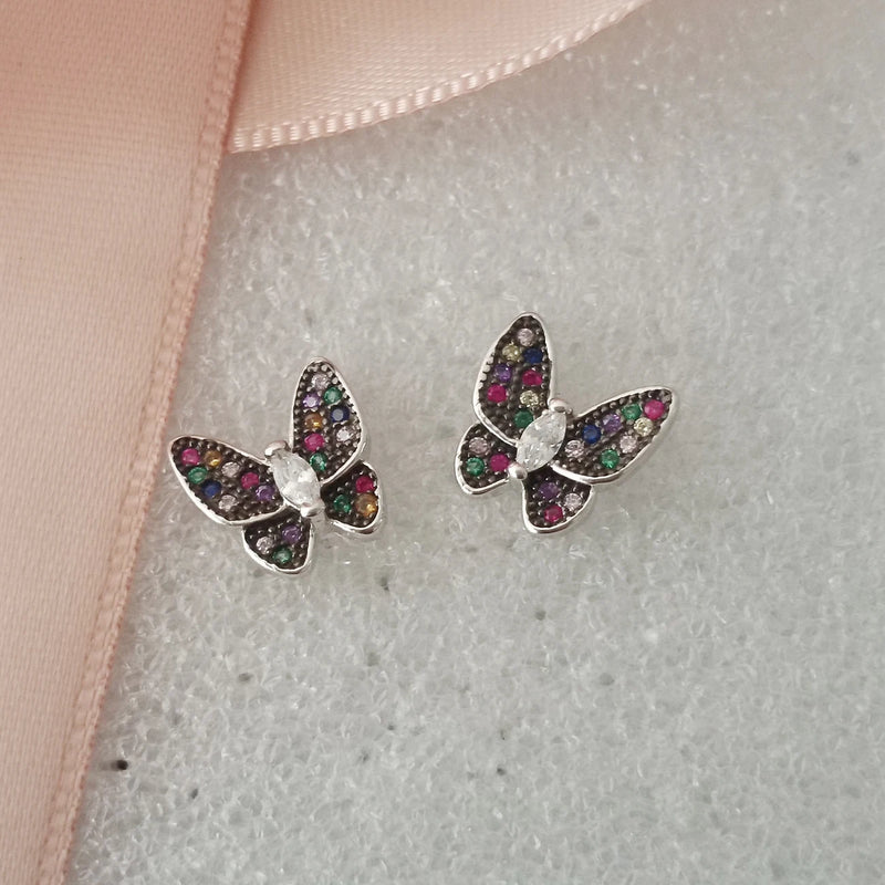 925 Sterling Silver Butterfly Stud Earring with Zirconium Plated Rhodium