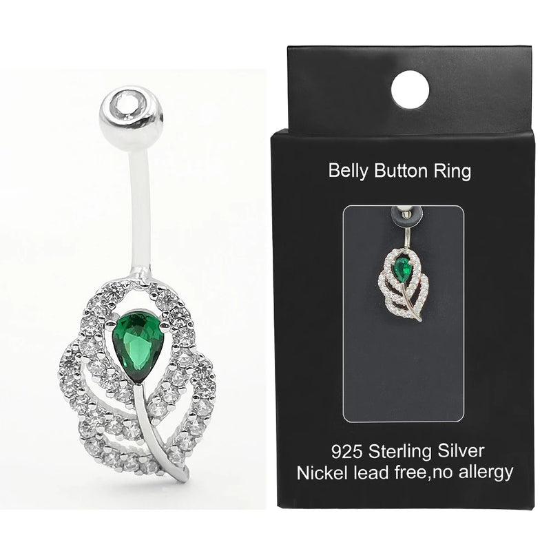 925 Silver Belly Button Rings CZ Navel Belly Rings Feather Shape Piercing