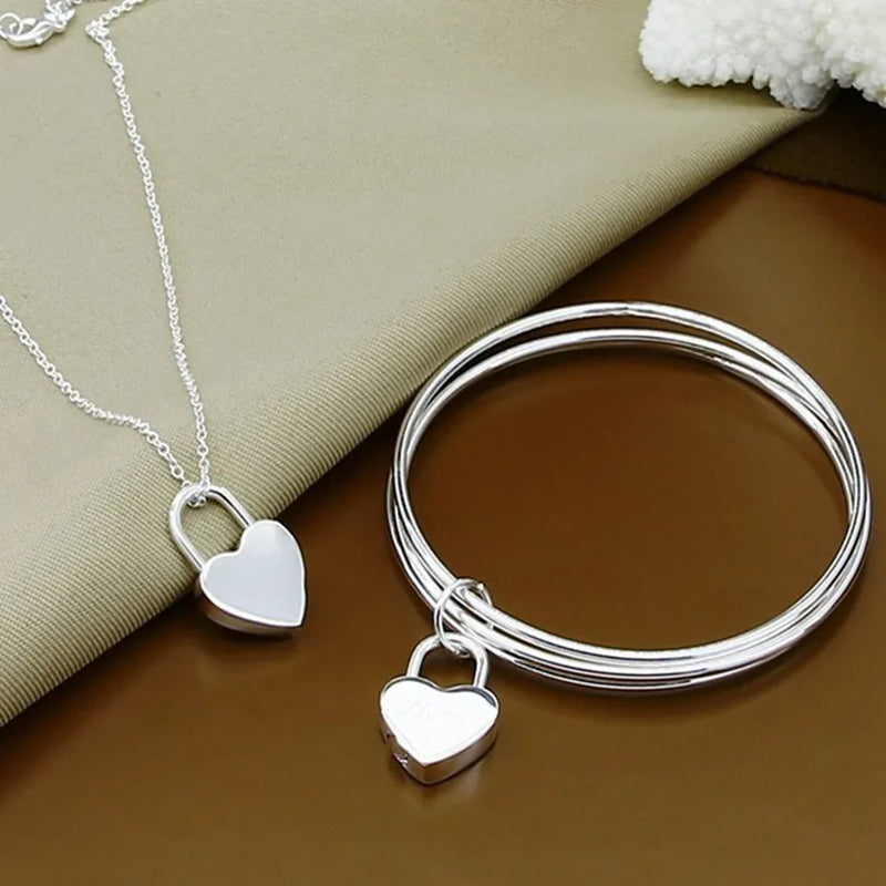925 Sterling Silver Heart Necklace Bangle Set