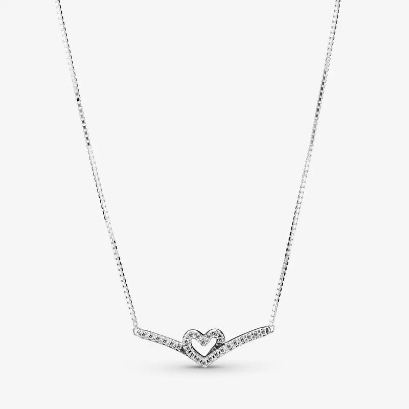 925 Silver Hearts Pendant Clear CZ Necklace Women Jewelry