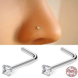 925 Silver L Shape Nose Stud 2mm Clear Crystal 20pcs/pk