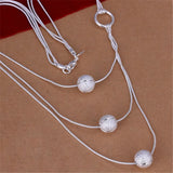 925 Silver Necklace Triple Chain Charms Beads Women Pretty