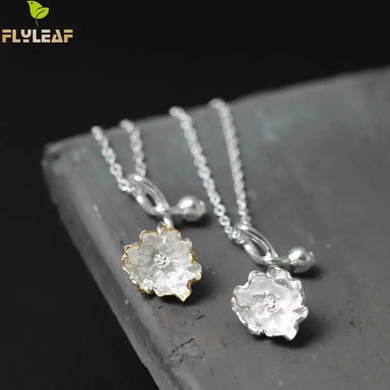925 Sterling Silver Poppy Flower Necklace Vintage Style Lady Gift