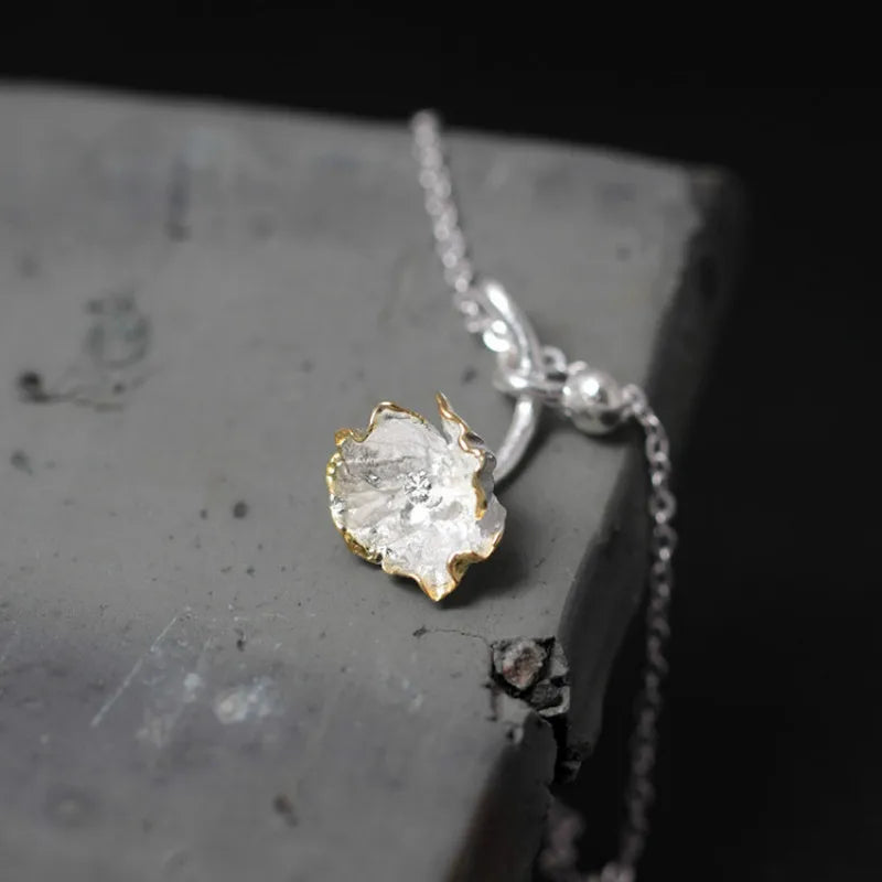 925 Sterling Silver Poppy Flower Necklace Vintage Style Lady Gift