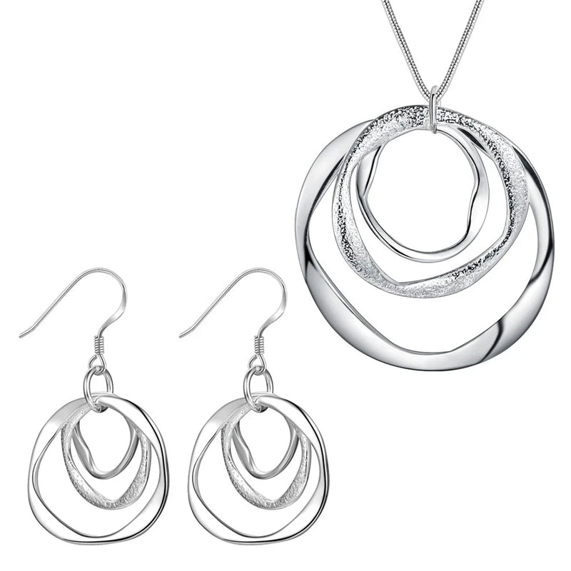 925 Silver Circle Necklace Earrings Set for Women