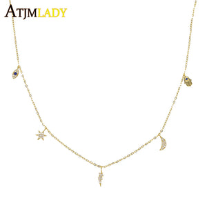 925 Silver Lucky Eye Hamsa Hand Moon Star Necklace