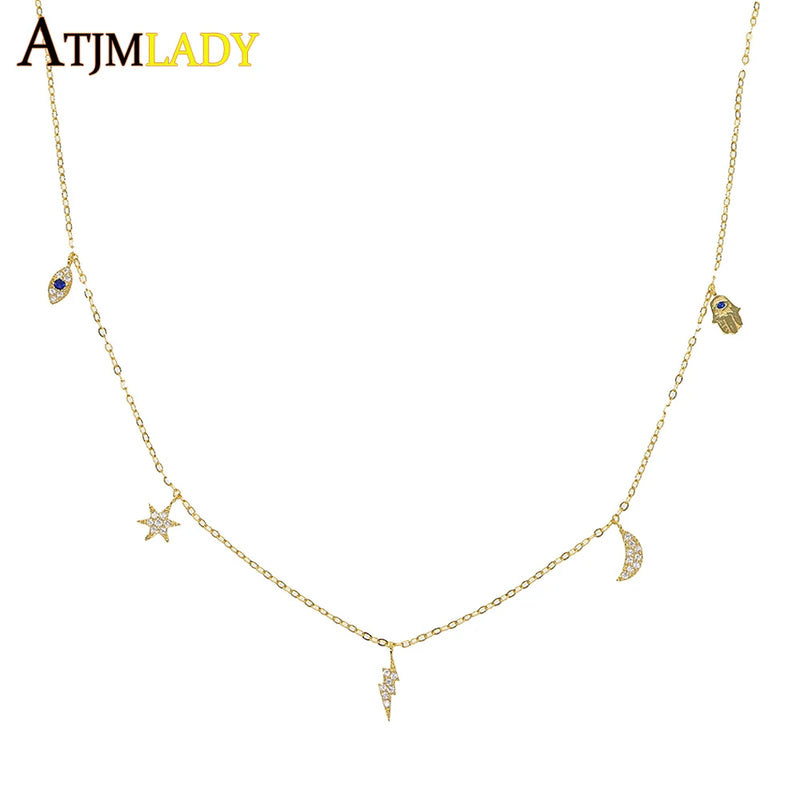 925 Silver Lucky Eye Hamsa Hand Moon Star Necklace