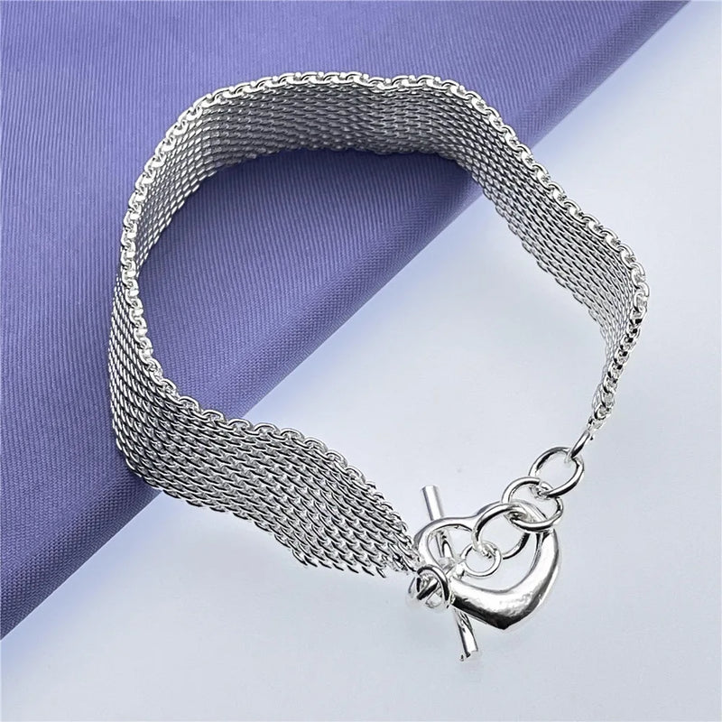 925 Silver Mesh Heart Clasp Bracelet 16MM Width