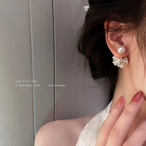 925 Silver Pearl Stud & Flower Earrings Set for Women