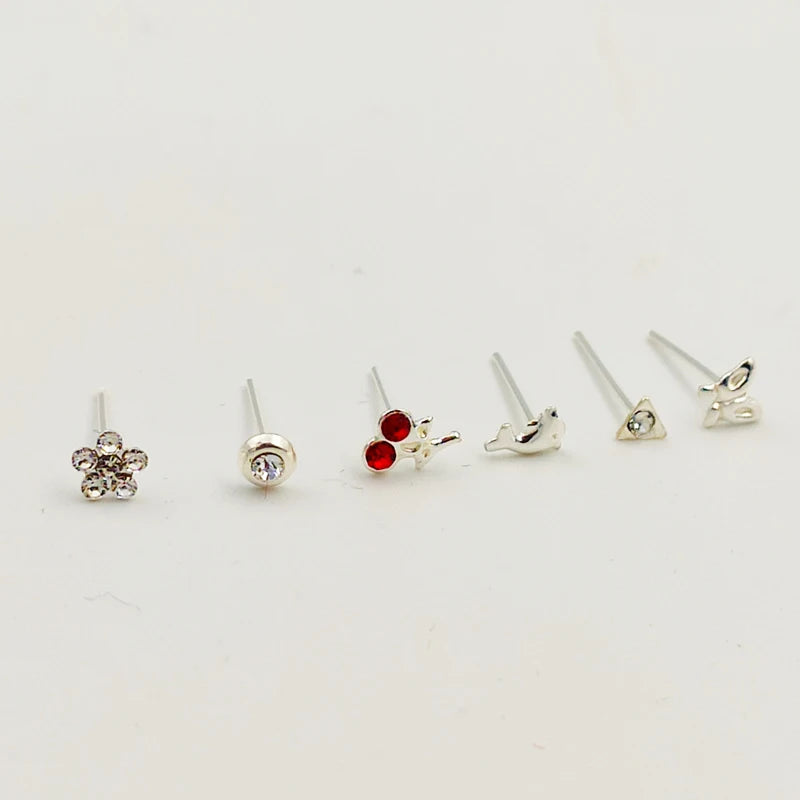 925 Silver Nose Stud Flower Butterfly Nose Piercing Jewelry 12pcs