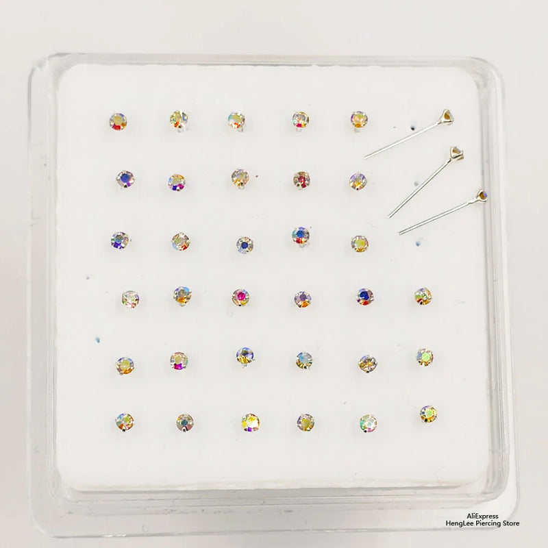 925 Silver Nose Stud Clear Crystal Nariz Piercing 36pcs