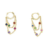 925 Silver Tassel Chain CZ Hoop Earrings Colorful Stone