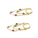 925 Silver Tassel Chain CZ Hoop Earrings Colorful Stone