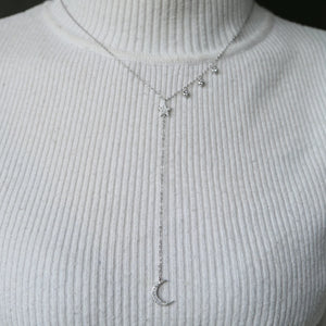 925 Silver Star Moon CZ Pendants Y Necklace