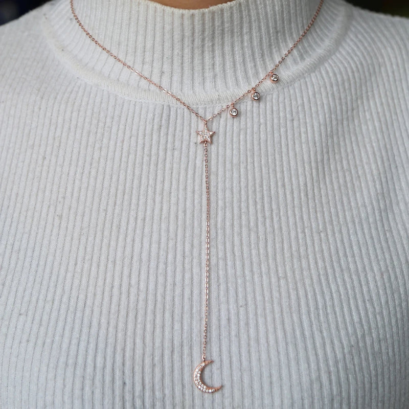925 Silver Star Moon CZ Pendants Y Necklace