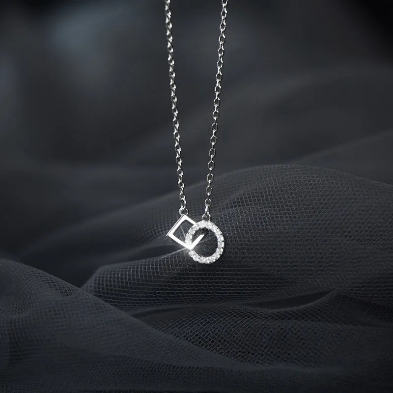 925 Sterling Silver Double Square Necklace with Diamond Pendant