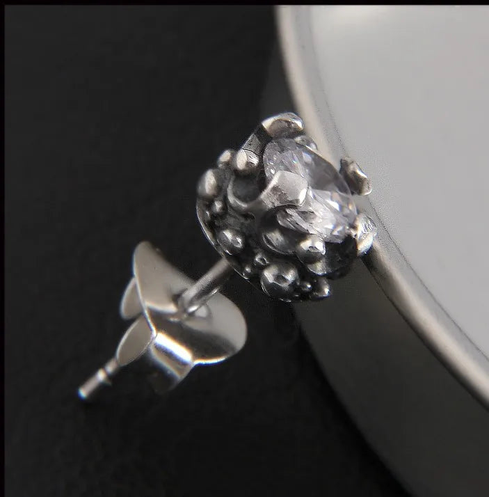 925 Thai Silver Tremella Earrings Retro Inlaid Punk Sterling Silver Earrings