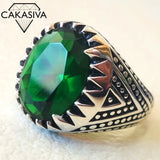 Vintage Thai Silver Emerald Ring Men Women Gift Silver Jewelry Size 8-12