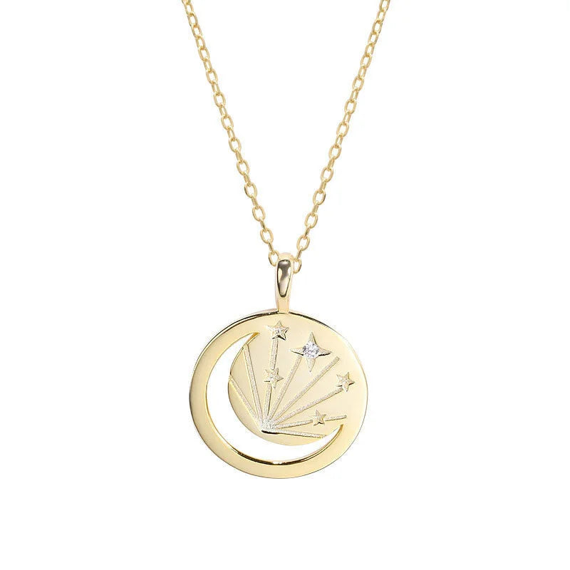 925 Silver Star & Moon Pendant Necklace with Zircon Coin