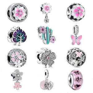 Pink Flower Butterfly Glass Bead Bracelet Charm Pendant for Women Jewelry