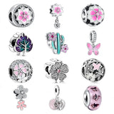 Pink Flower Butterfly Glass Bead Bracelet Charm Pendant for Women Jewelry