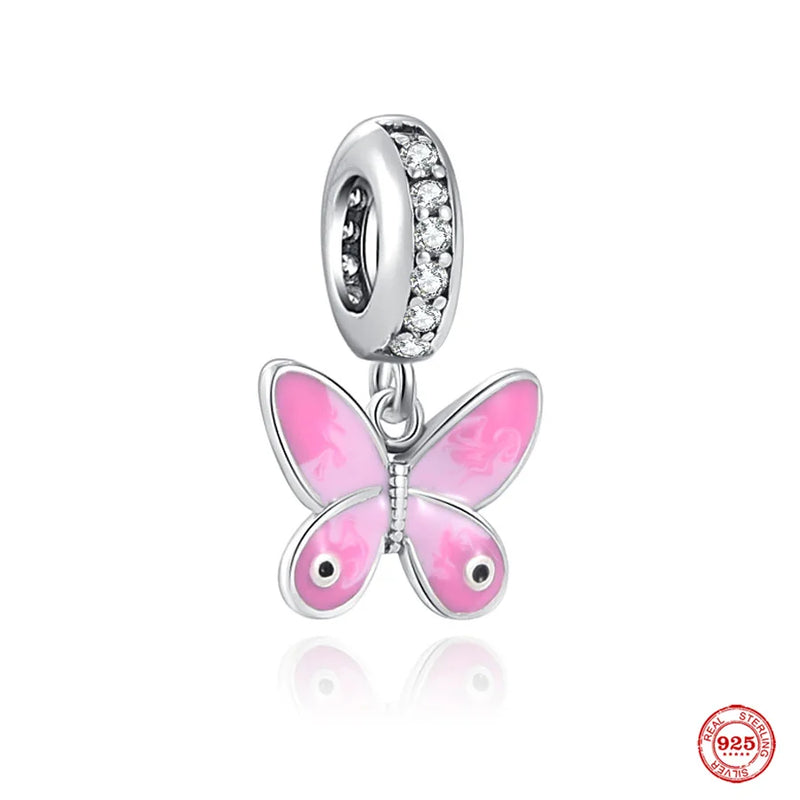 Pink Flower Butterfly Glass Bead Bracelet Charm Pendant for Women Jewelry