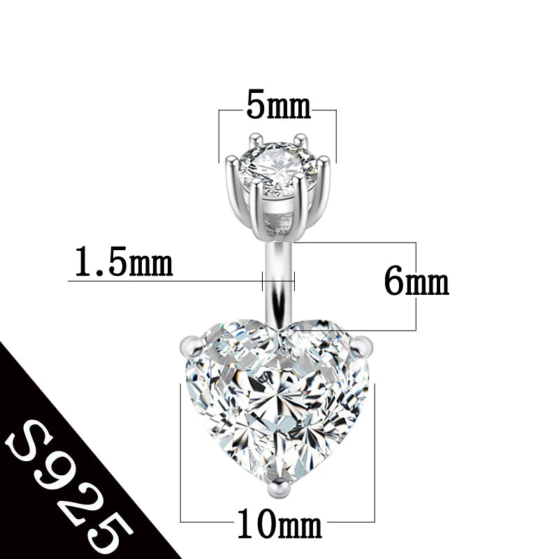 925 Silver Belly Button Ring Heart Zircon