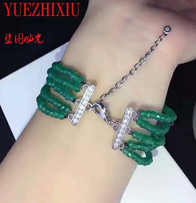 925 Silver Green Jade Women's Bracelet Fine Jewelry