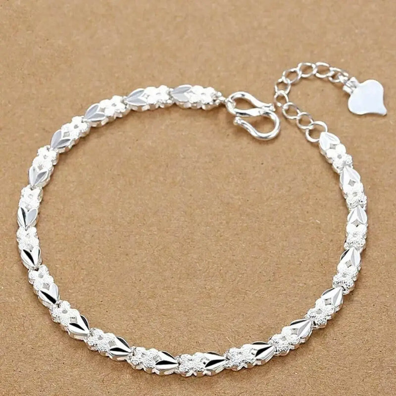 925 Silver Heart Leaf Bracelet for Women Wedding Lady Pretty Jewelry
