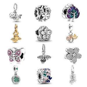 925 Silver Clover Flower Butterfly Clip Bead Bracelet Jewelry DIY Pendant