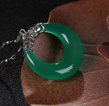 925 Silver Green Natural Chalcedony Pendant Ring Jade Agate Statue Stone Carving