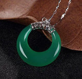 925 Silver Green Natural Chalcedony Pendant Ring Jade Agate Statue Stone Carving
