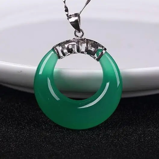 925 Silver Green Natural Chalcedony Pendant Ring Jade Agate Statue Stone Carving