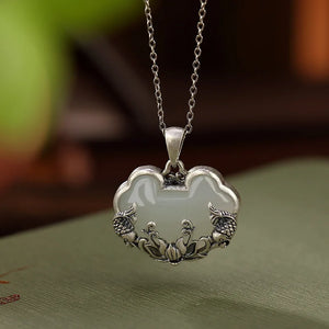 925 Silver Hotan Jade Fish Lotus Necklace Retro Chinese Ruyi Pendant