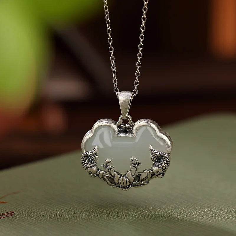 925 Silver Hotan Jade Fish Lotus Necklace Retro Chinese Ruyi Pendant