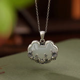 925 Silver Hotan Jade Fish Lotus Necklace Retro Chinese Ruyi Pendant