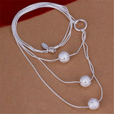 925 Silver Necklace Triple Chain Charms Women Beads