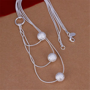 925 Silver Necklace Triple Chain Charms Women Beads