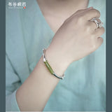 925 Silver Hetian Jade Bamboo Bracelet Adjustable Opening Ethnic Design