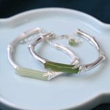 925 Silver Hetian Jade Bamboo Bracelet Adjustable Opening Ethnic Design