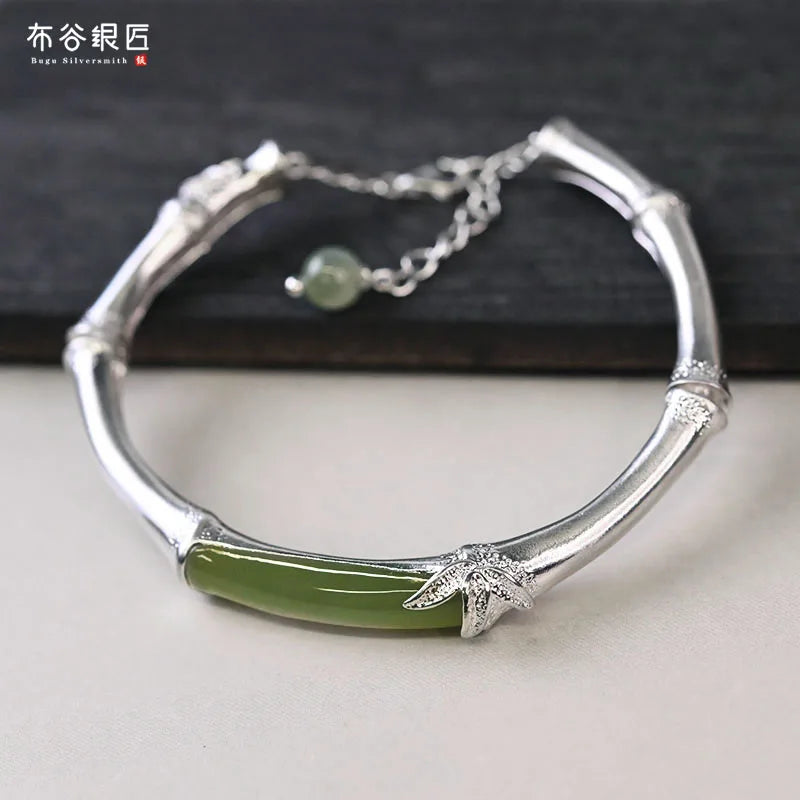 925 Silver Hetian Jade Bamboo Bracelet Adjustable Opening Ethnic Design
