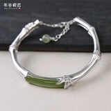 925 Silver Hetian Jade Bamboo Bracelet Adjustable Opening Ethnic Design