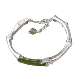 925 Silver Hetian Jade Bamboo Bracelet Adjustable Opening Ethnic Design
