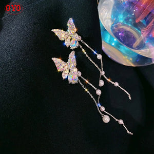 925 Silver Butterfly Tassel Earrings Crystal Purple Micro-Inlaid Diamond